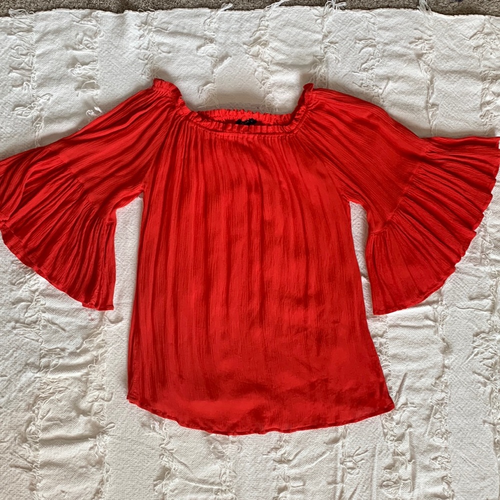 Red flowy linen bell-sleeve blouse